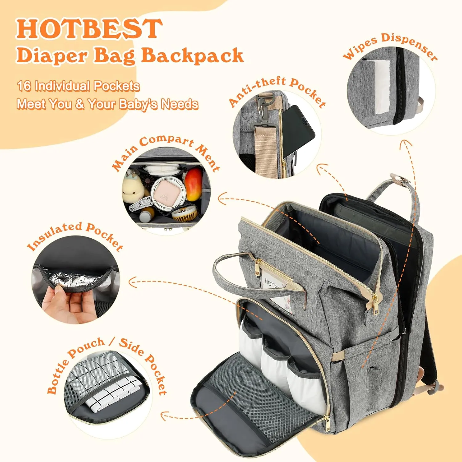 HOTBEST Backpacks, Gray, with Shade Cloth