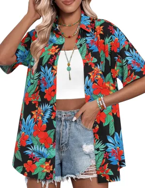 HOTOUCH Womens Hawaiian Shirts Button Up Casual Floral Tropical Shirt Summer Beach Shirt Cool Short Sleeve Blouse Tops