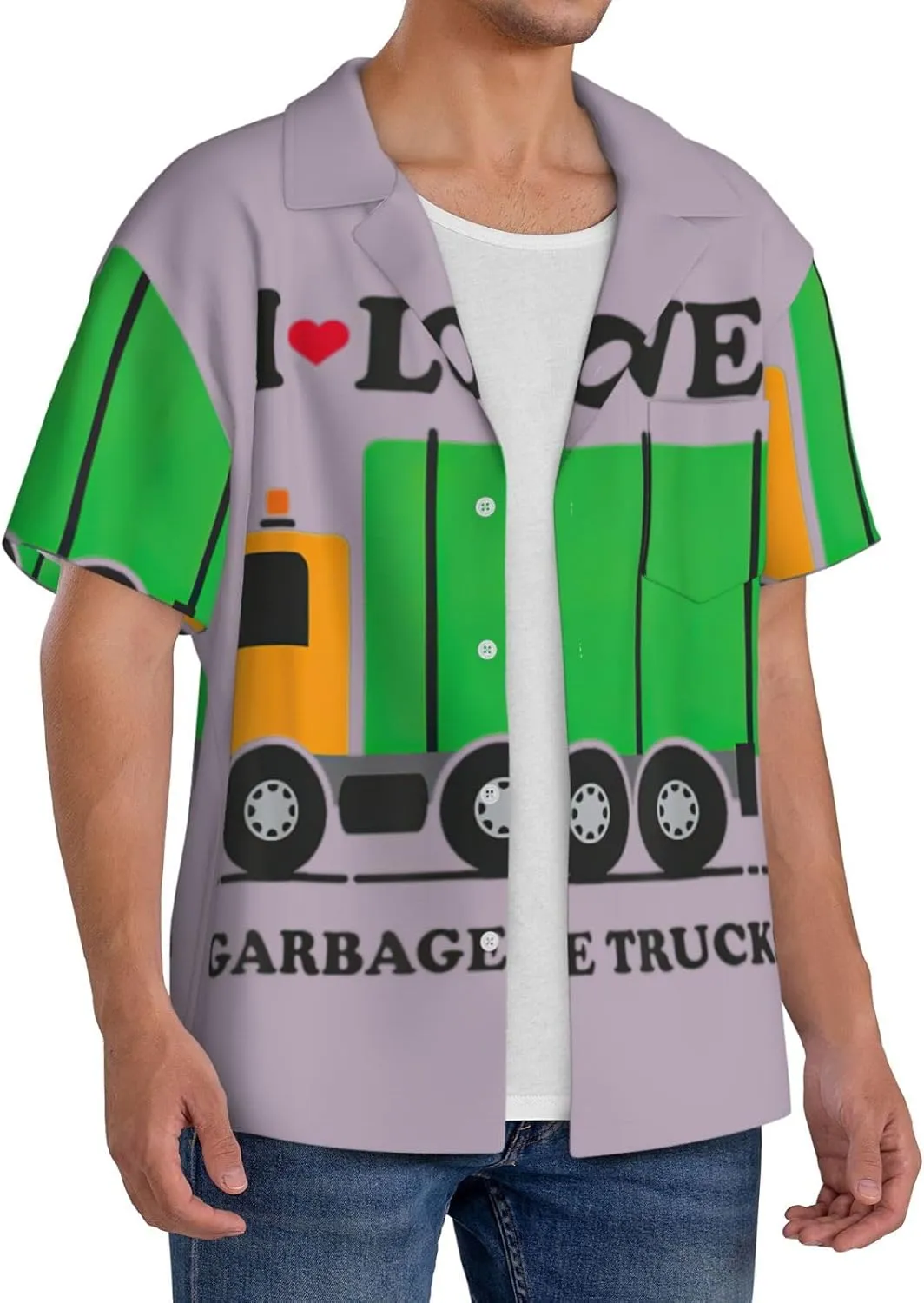 I Love Garbage Trucks Print Men's Hawaiian Shirts Short Sleeve Button Down Pocket Tropical Vacation Clothes