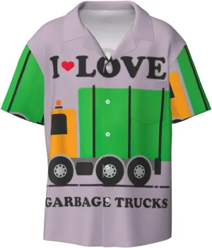 I Love Garbage Trucks Print Men's Hawaiian Shirts Short Sleeve Button Down Pocket Tropical Vacation Clothes