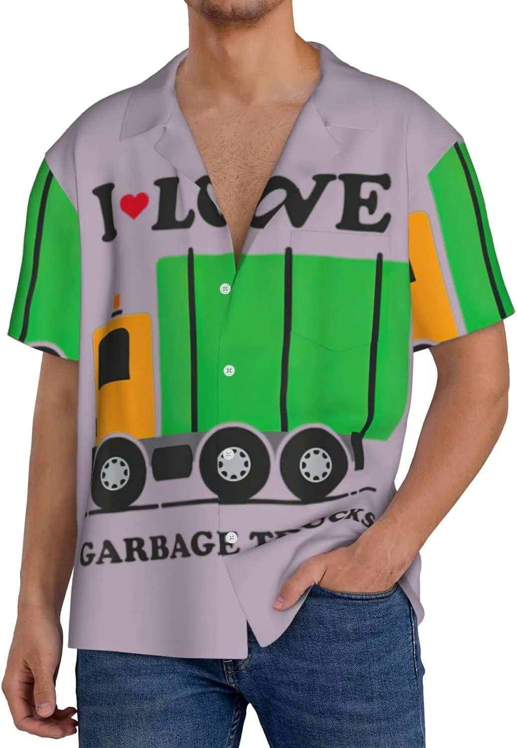 I Love Garbage Trucks Print Men's Hawaiian Shirts Short Sleeve Button Down Pocket Tropical Vacation Clothes