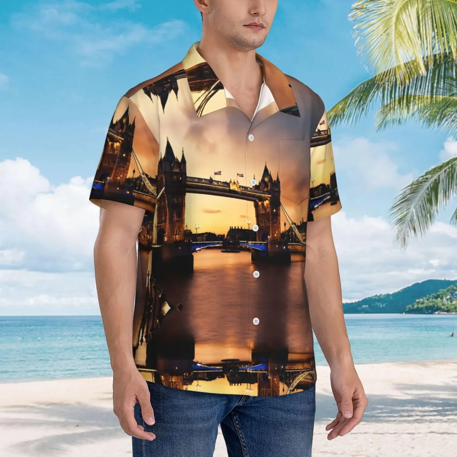 I Love London Print Beach Shirt Men Hawaiian Shirts Casual Short Sleeve Lightweight for Travel Vacation