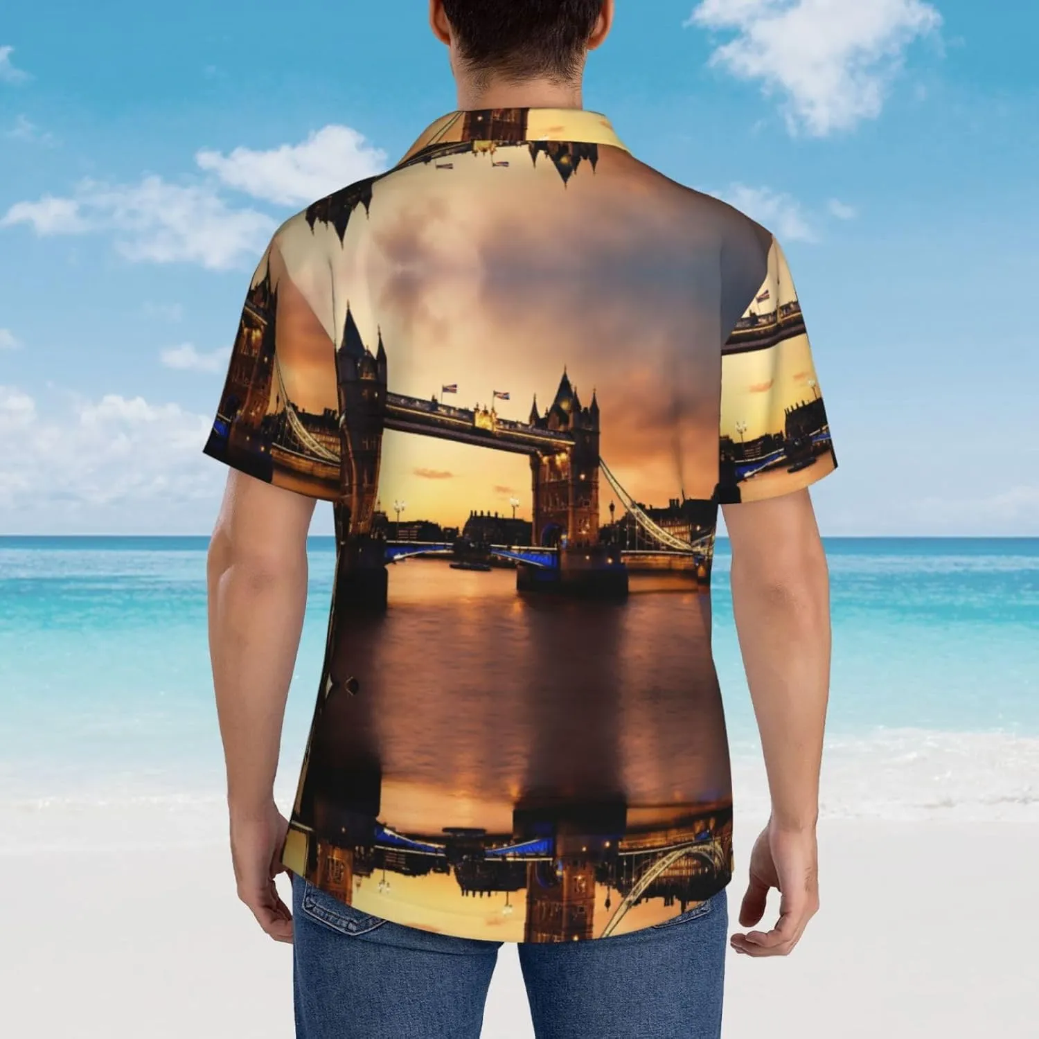 I Love London Print Beach Shirt Men Hawaiian Shirts Casual Short Sleeve Lightweight for Travel Vacation