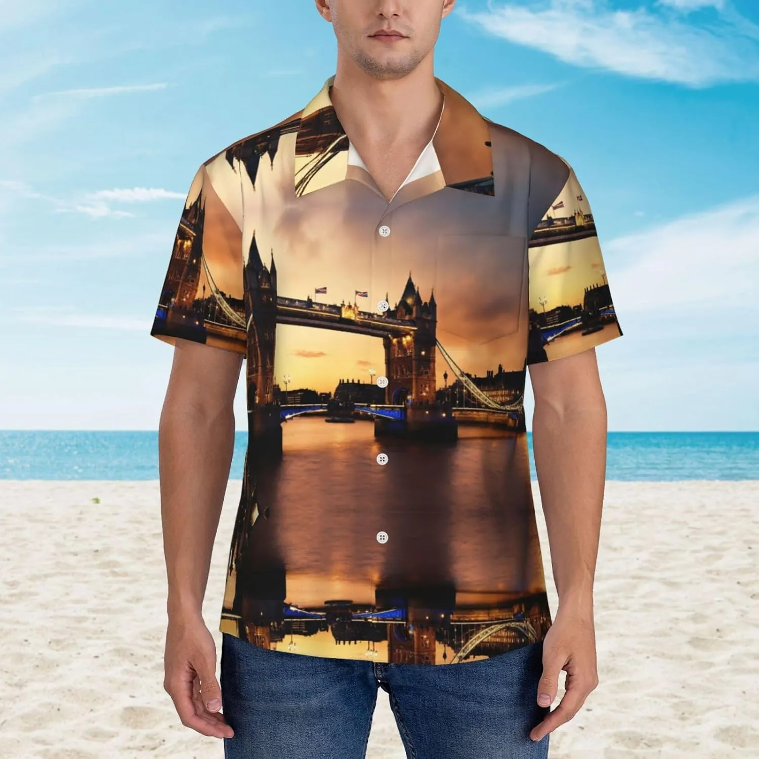 I Love London Print Beach Shirt Men Hawaiian Shirts Casual Short Sleeve Lightweight for Travel Vacation