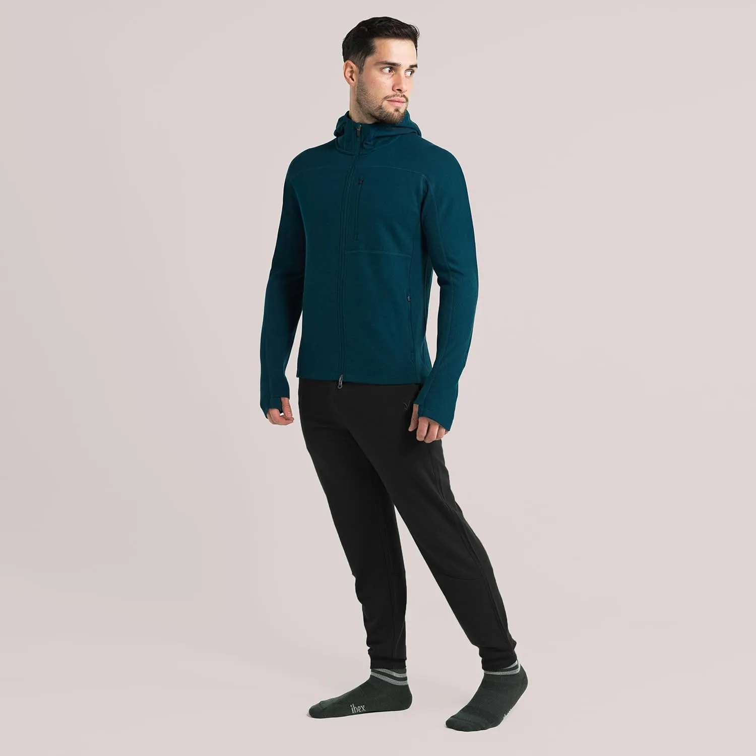 IBEX Merino Wool Men's Shak Hoodoo Hoodie | Full-Zip Mid Layer Jacket with Scuba Hood, Thumbholes & Pockets