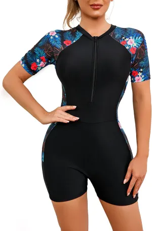 IMEKIS Women's One Piece Rash Guard Swimsuit UV Protection Floral Printed Surfing Zipper Swimwear Bathing Suit Beachwear