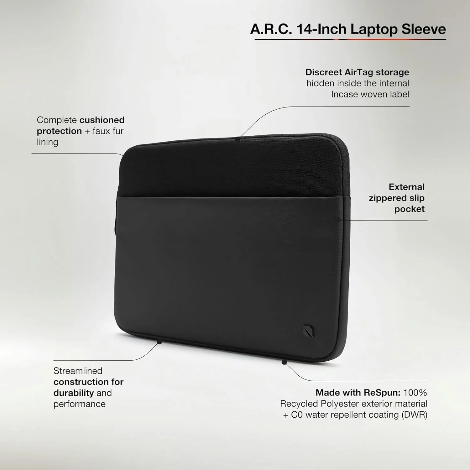 Incase A.R.C. Sleeve with ReSpun 100% Recycled Polyester - 13" & 14" MacBook/Laptop & iPad/Tablet Case - Cushioned Faux Fur Lining, External Zippered Slip Pocket - Black