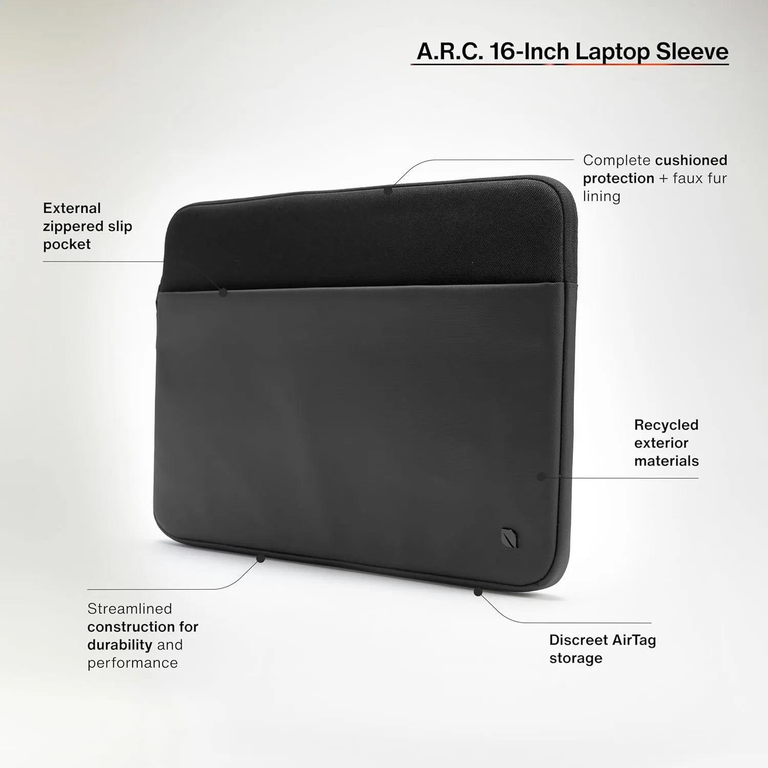 Incase A.R.C. Sleeve with ReSpun 100% Recycled Polyester - MacBook/Laptop & iPad/Tablet Case - Cushioned Faux Fur Lining, External Zippered Slip Pocket (Black, 16-inch)