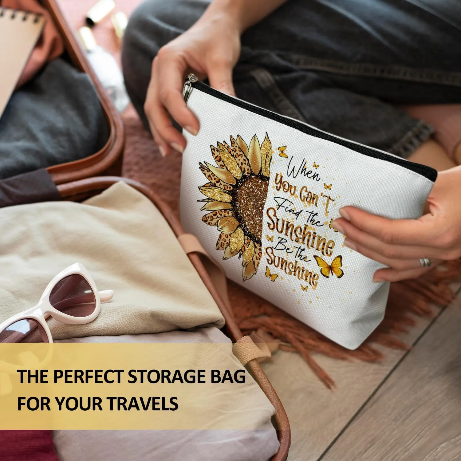 Inspirational Gift for Women Makeup Bag, Gift for Her, Mom, Daughter, Wife, Grandma, Teacher, When You Can't Find the Sunshine Be the Sunshine - Sunflower Makeup Bag Travel Toiletry Pouch -02