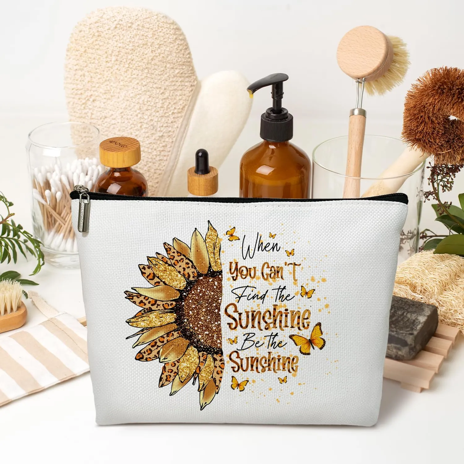 Inspirational Gift for Women Makeup Bag, Gift for Her, Mom, Daughter, Wife, Grandma, Teacher, When You Can't Find the Sunshine Be the Sunshine - Sunflower Makeup Bag Travel Toiletry Pouch -02