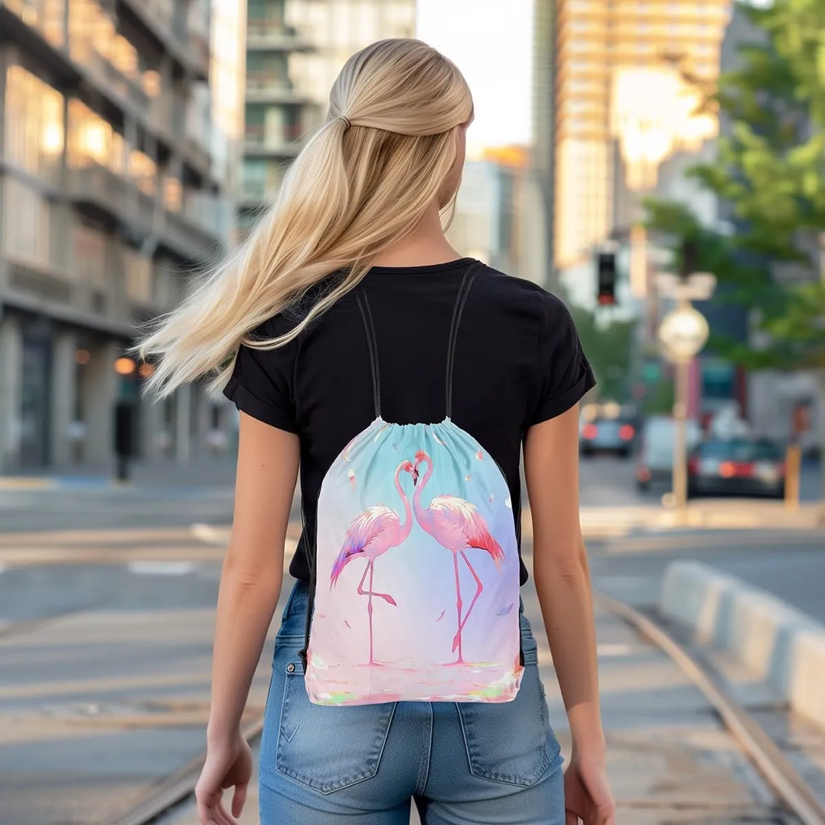 jejeloiu Flamingo Drawstring Backpack 13"x15.7" Tropical Flamingo Pattern Sports Gym String Bag Animal Decor Drawstring Bags Bird Print Waterproof Cinch Bag Sports Drawstring Sackpack