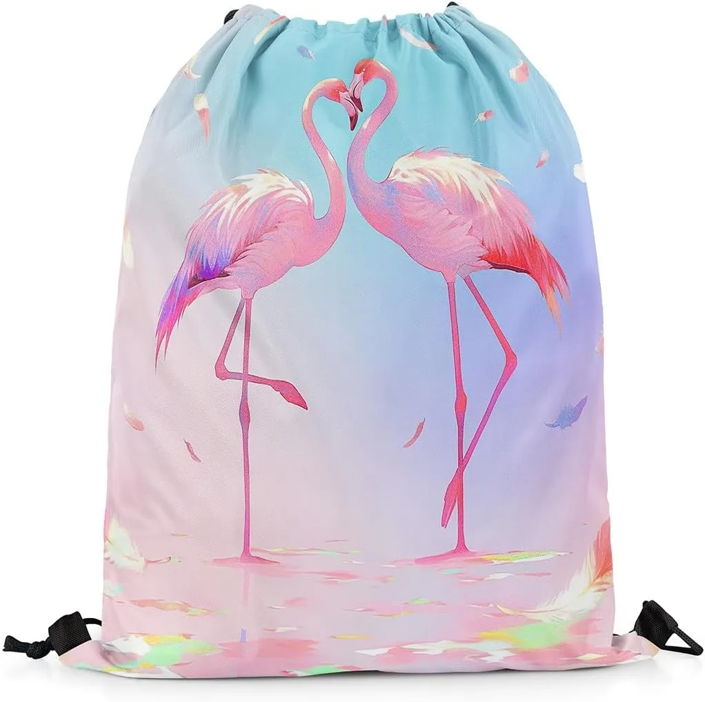 jejeloiu Flamingo Drawstring Backpack 13"x15.7" Tropical Flamingo Pattern Sports Gym String Bag Animal Decor Drawstring Bags Bird Print Waterproof Cinch Bag Sports Drawstring Sackpack
