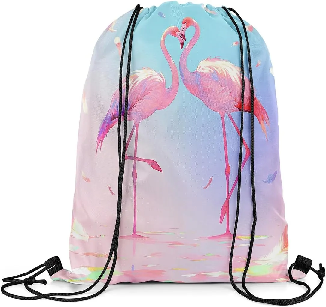 jejeloiu Flamingo Drawstring Backpack 13"x15.7" Tropical Flamingo Pattern Sports Gym String Bag Animal Decor Drawstring Bags Bird Print Waterproof Cinch Bag Sports Drawstring Sackpack