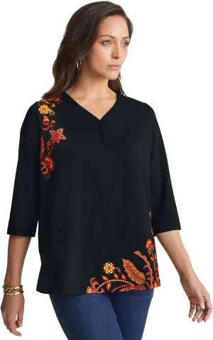 Jessica London Women's Plus Size Stretch Cotton Henley Top