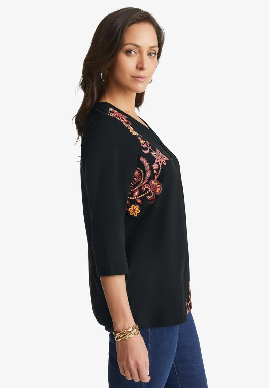 Jessica London Women's Plus Size Stretch Cotton Henley Top