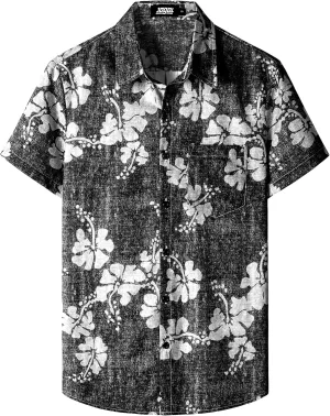 JOGAL Mens Floral Hawaiian Shirt Front Pocket Casual Aloha Shirts