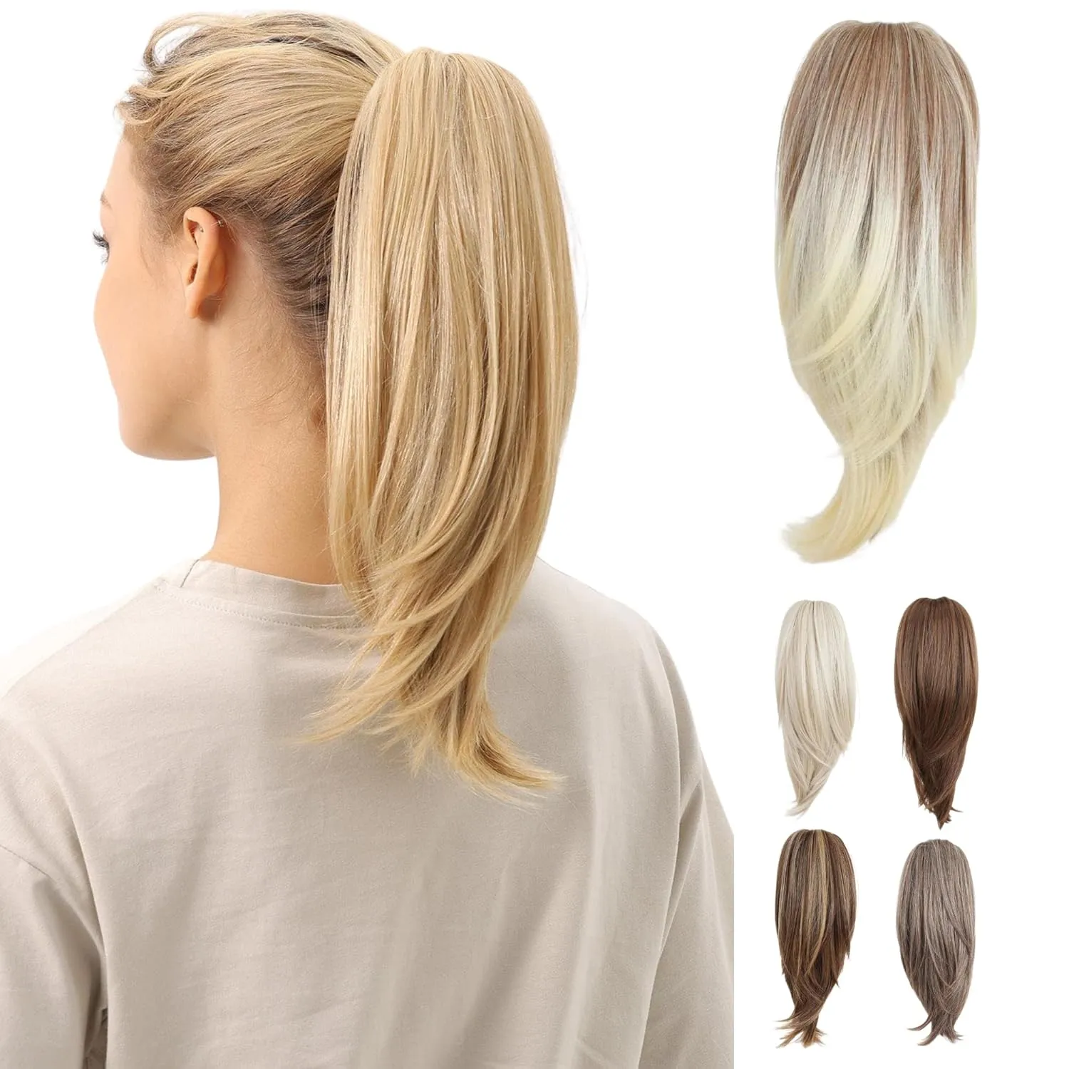 JUVABUN Straight ponytail 15''-Beach Blonde|Claw Clip In Ponytail Hair Extensions | Synthetic clips pony tails hair extensions |Hair Extensions for Women|Straight ponytail extension real human hair