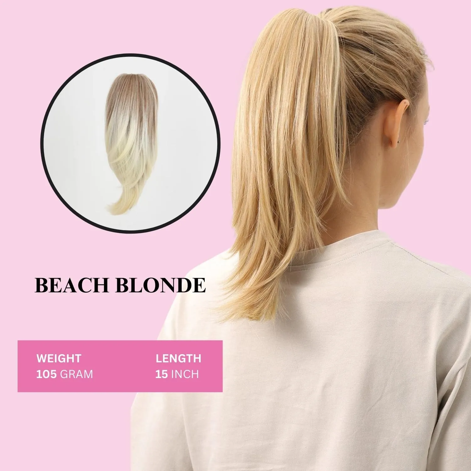 JUVABUN Straight ponytail 15''-Beach Blonde|Claw Clip In Ponytail Hair Extensions | Synthetic clips pony tails hair extensions |Hair Extensions for Women|Straight ponytail extension real human hair