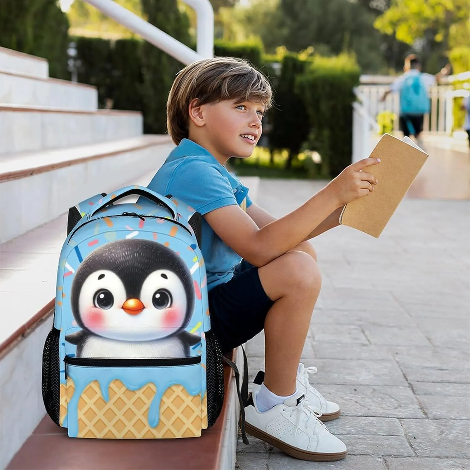 Kids Backpack, Cute Penguin Bookbag, 17 Inch Student Backpacks for Preschool Elementary Kindergarten Travel Camping, Gift for Kids Back to School