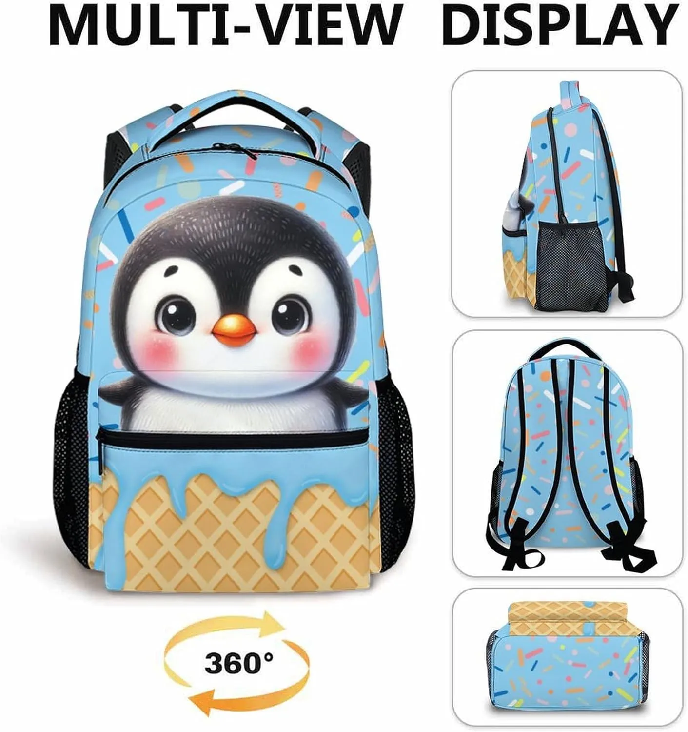 Kids Backpack, Cute Penguin Bookbag, 17 Inch Student Backpacks for Preschool Elementary Kindergarten Travel Camping, Gift for Kids Back to School