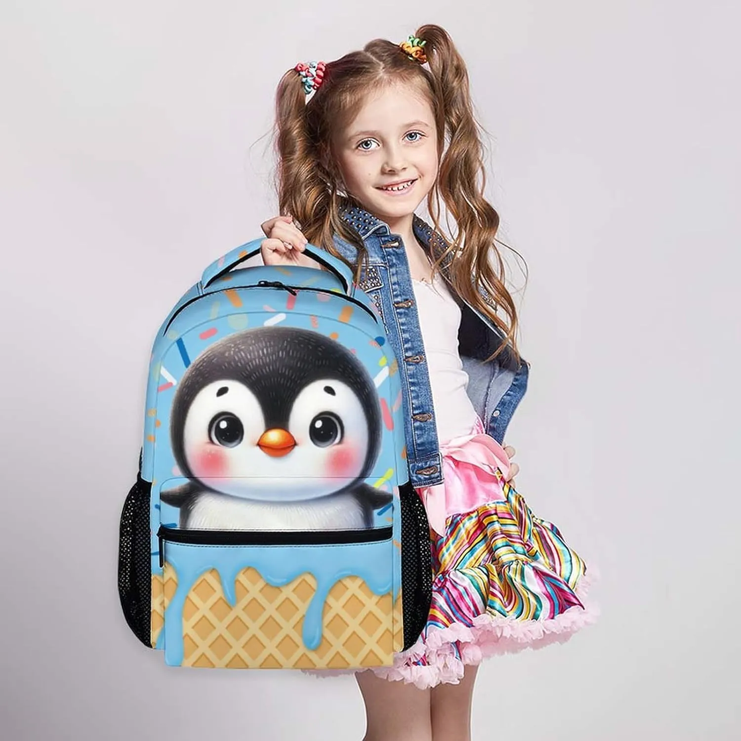 Kids Backpack, Cute Penguin Bookbag, 17 Inch Student Backpacks for Preschool Elementary Kindergarten Travel Camping, Gift for Kids Back to School