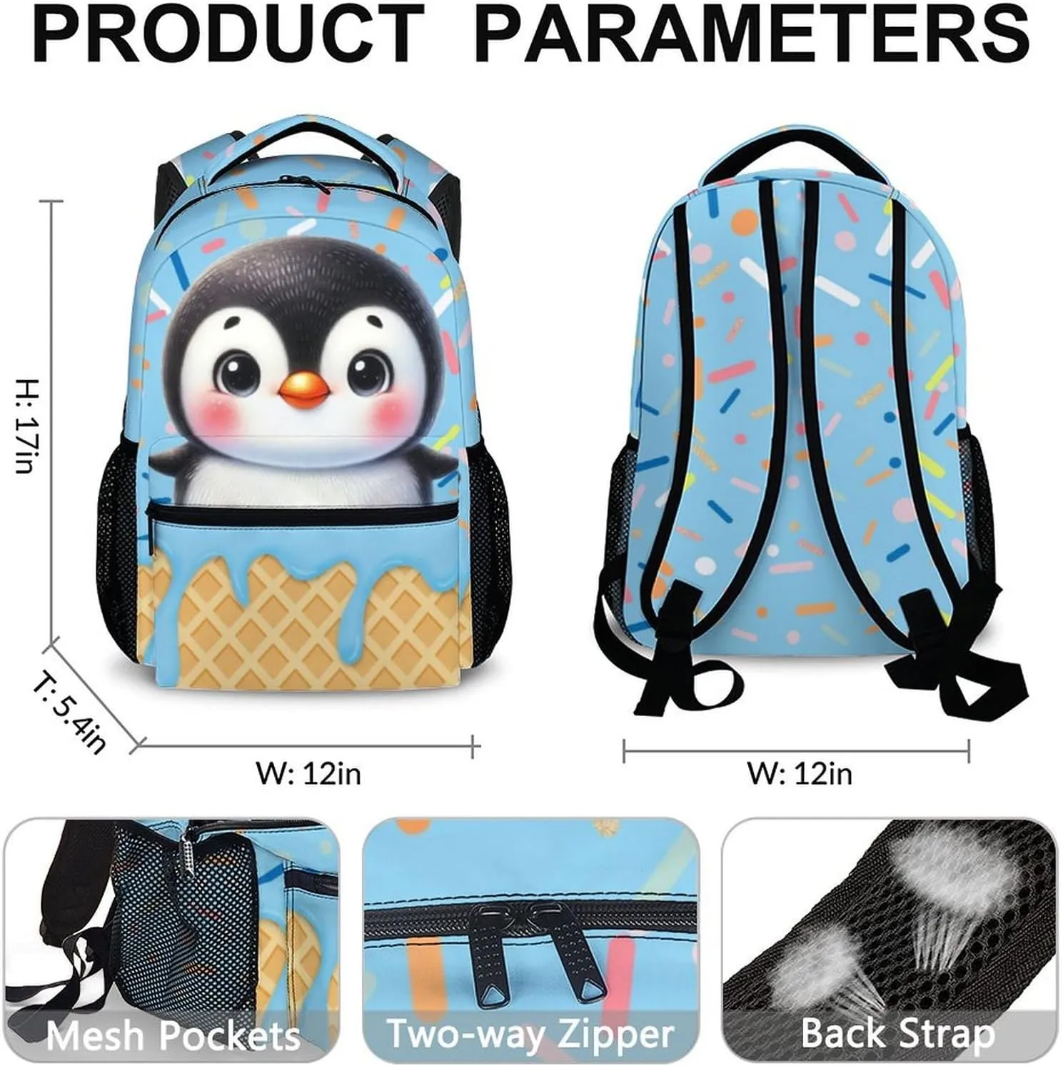 Kids Backpack, Cute Penguin Bookbag, 17 Inch Student Backpacks for Preschool Elementary Kindergarten Travel Camping, Gift for Kids Back to School