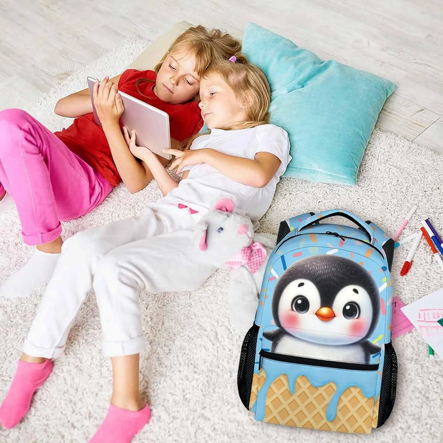 Kids Backpack, Cute Penguin Bookbag, 17 Inch Student Backpacks for Preschool Elementary Kindergarten Travel Camping, Gift for Kids Back to School