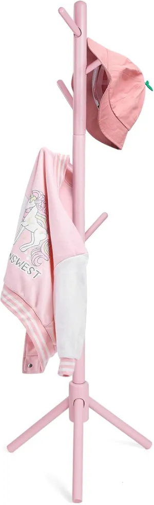 Kid's Coat Rack Stand Beech Wood Clothes Tree, Height Adjustable Freestanding Child Jacket Holder with 9 Hooks, Hanging Hats and Handbags, Hallway, Entryway,Bedroom, Easy Assembly (Pink)