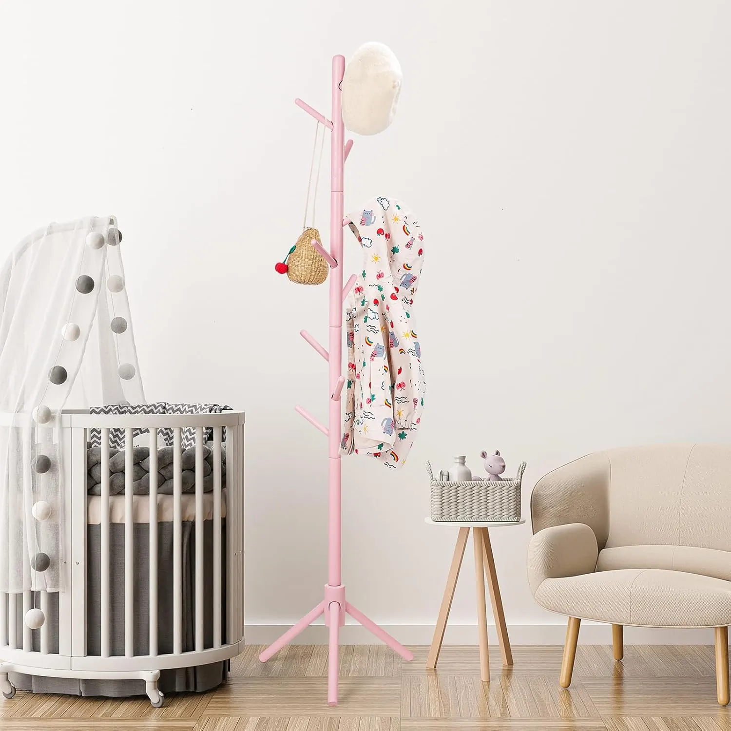 Kid's Coat Rack Stand Beech Wood Clothes Tree, Height Adjustable Freestanding Child Jacket Holder with 9 Hooks, Hanging Hats and Handbags, Hallway, Entryway,Bedroom, Easy Assembly (Pink)