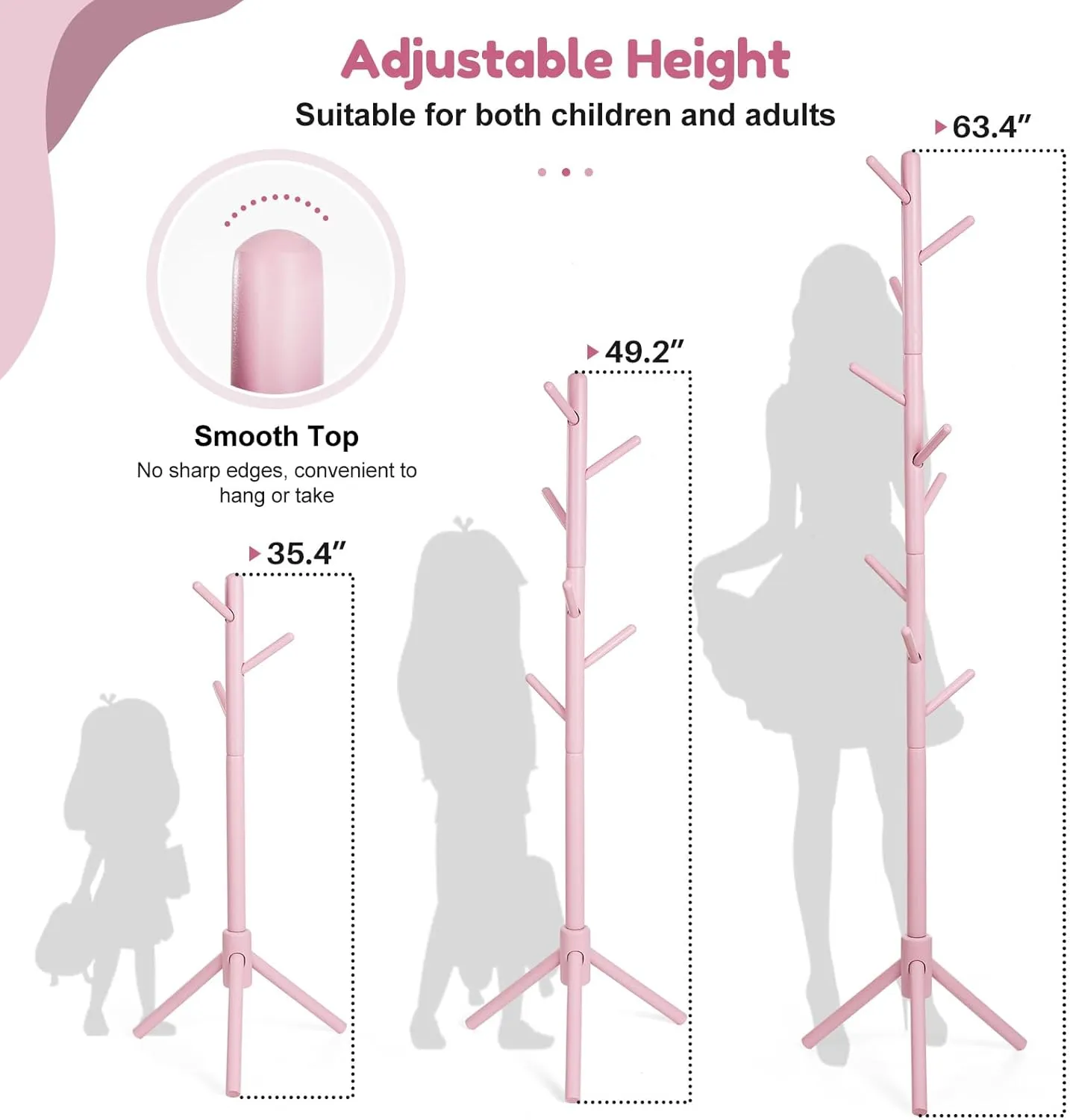 Kid's Coat Rack Stand Beech Wood Clothes Tree, Height Adjustable Freestanding Child Jacket Holder with 9 Hooks, Hanging Hats and Handbags, Hallway, Entryway,Bedroom, Easy Assembly (Pink)