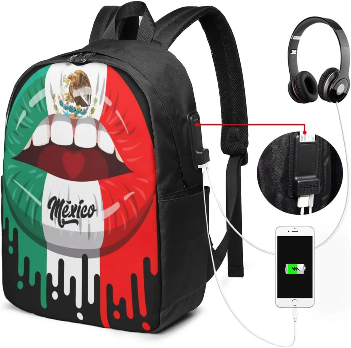 Kiss Mexico Flag Lips Laptop Backpacks Travel Backpack Casual Business Daypack Sport Rucksack Computer Bag Fits up to 17 Inch Notebook with USB Port