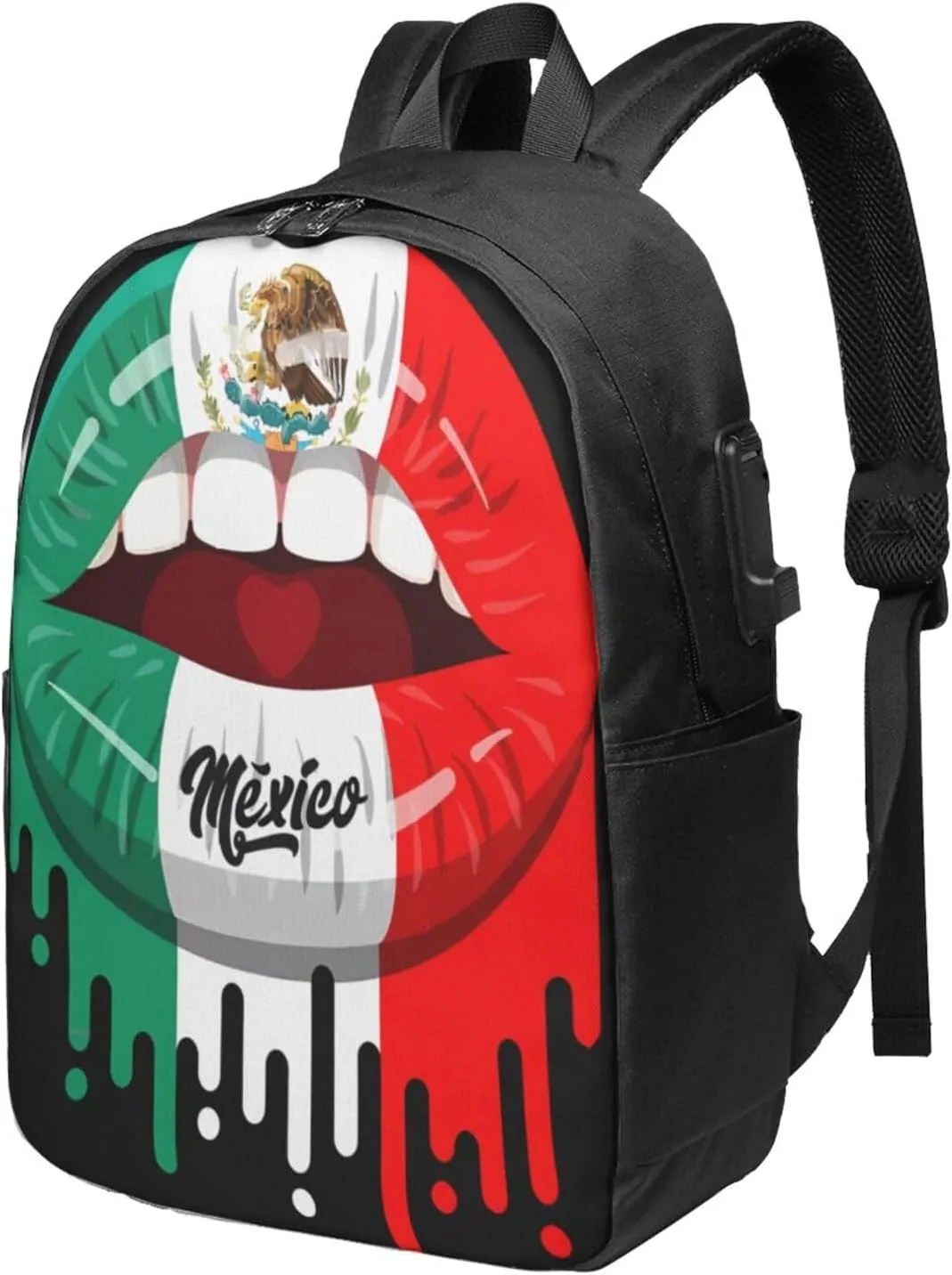 Kiss Mexico Flag Lips Laptop Backpacks Travel Backpack Casual Business Daypack Sport Rucksack Computer Bag Fits up to 17 Inch Notebook with USB Port