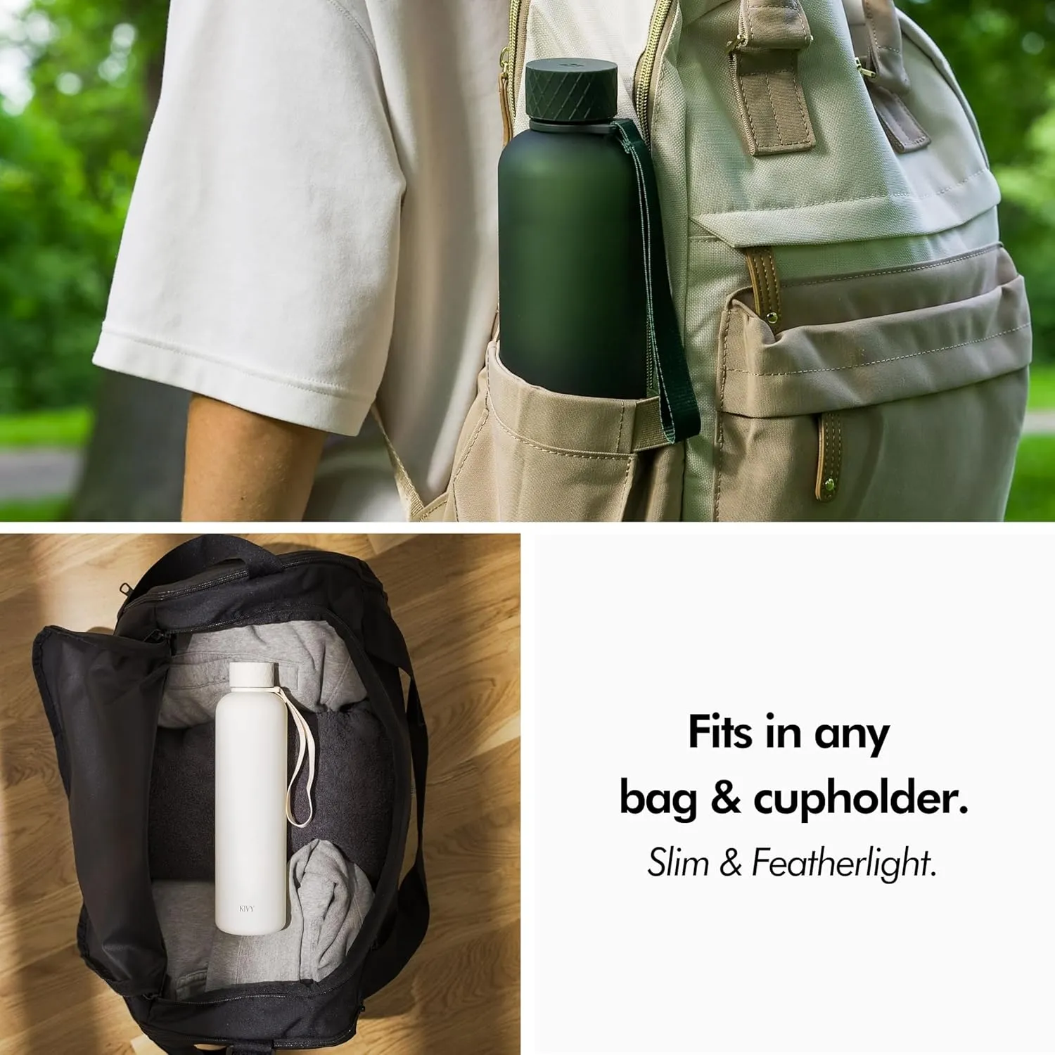 KIVY Slim Water Bottle 32oz [Lightweight & Shatterproof] Fits Backpack & Cupholder for Travel, Sports, School - Beige water bottle no straw - Cute aesthetic water bottles screw top - Dishwasher Safe