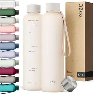 KIVY Slim Water Bottle 32oz [Lightweight & Shatterproof] Fits Backpack & Cupholder for Travel, Sports, School - Beige water bottle no straw - Cute aesthetic water bottles screw top - Dishwasher Safe