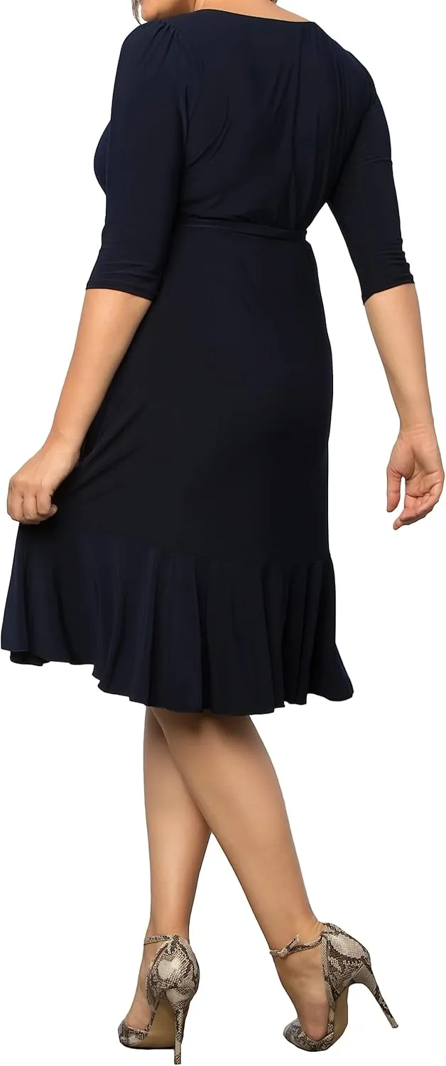Kiyonna Plus Size Whimsy Ruffled Midi Wrap Dress with Sleeves - Cocktail, Party, Wedding Guest or Work