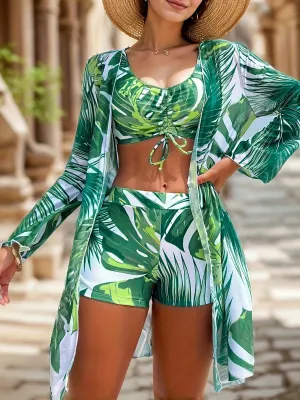 Ladies' Tropical Plant Print Swimsuit Set, Chest Tie Top, Flat Angle Pants, And Large Beach Cover Shirt