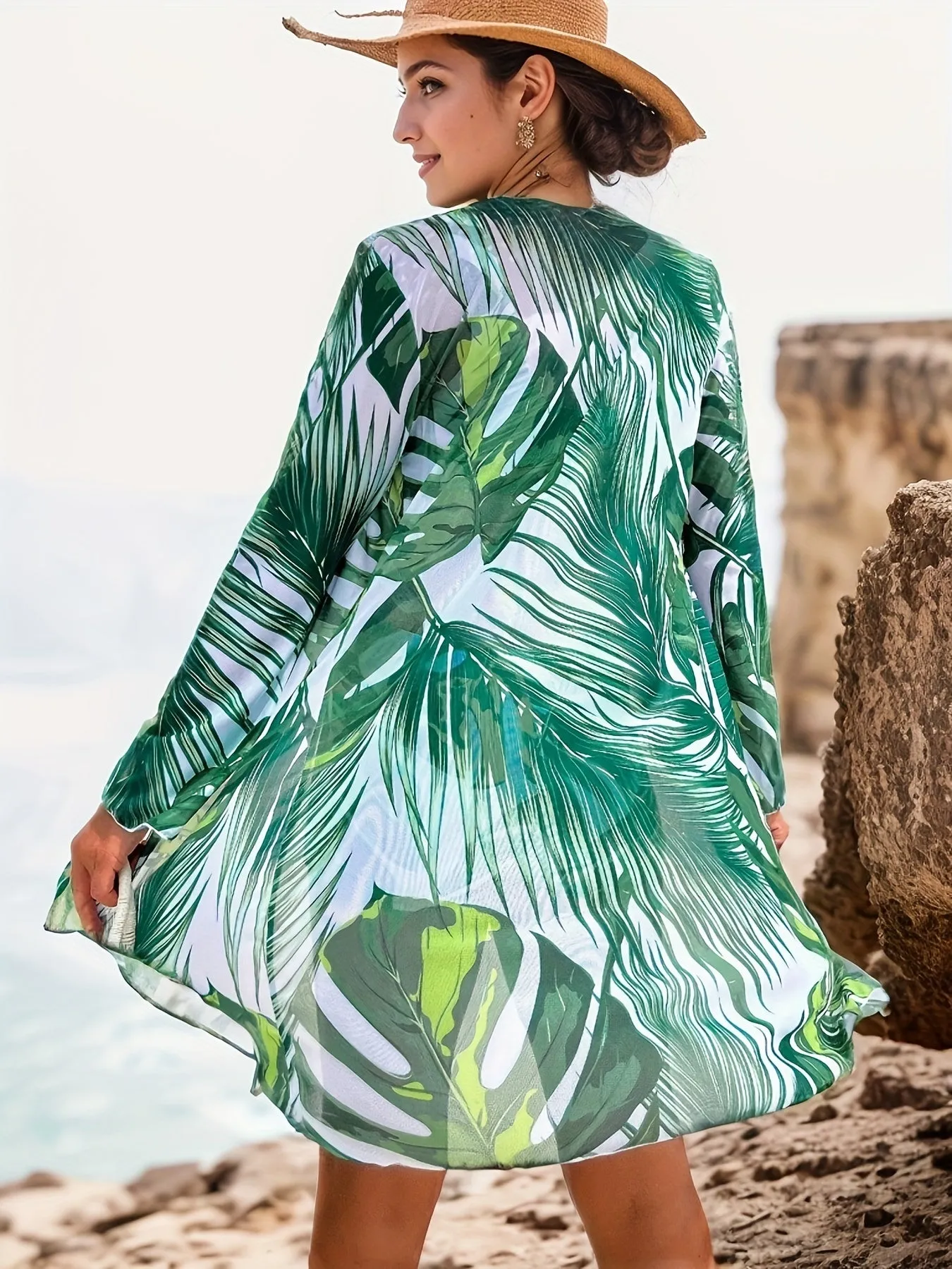 Ladies' Tropical Plant Print Swimsuit Set, Chest Tie Top, Flat Angle Pants, And Large Beach Cover Shirt