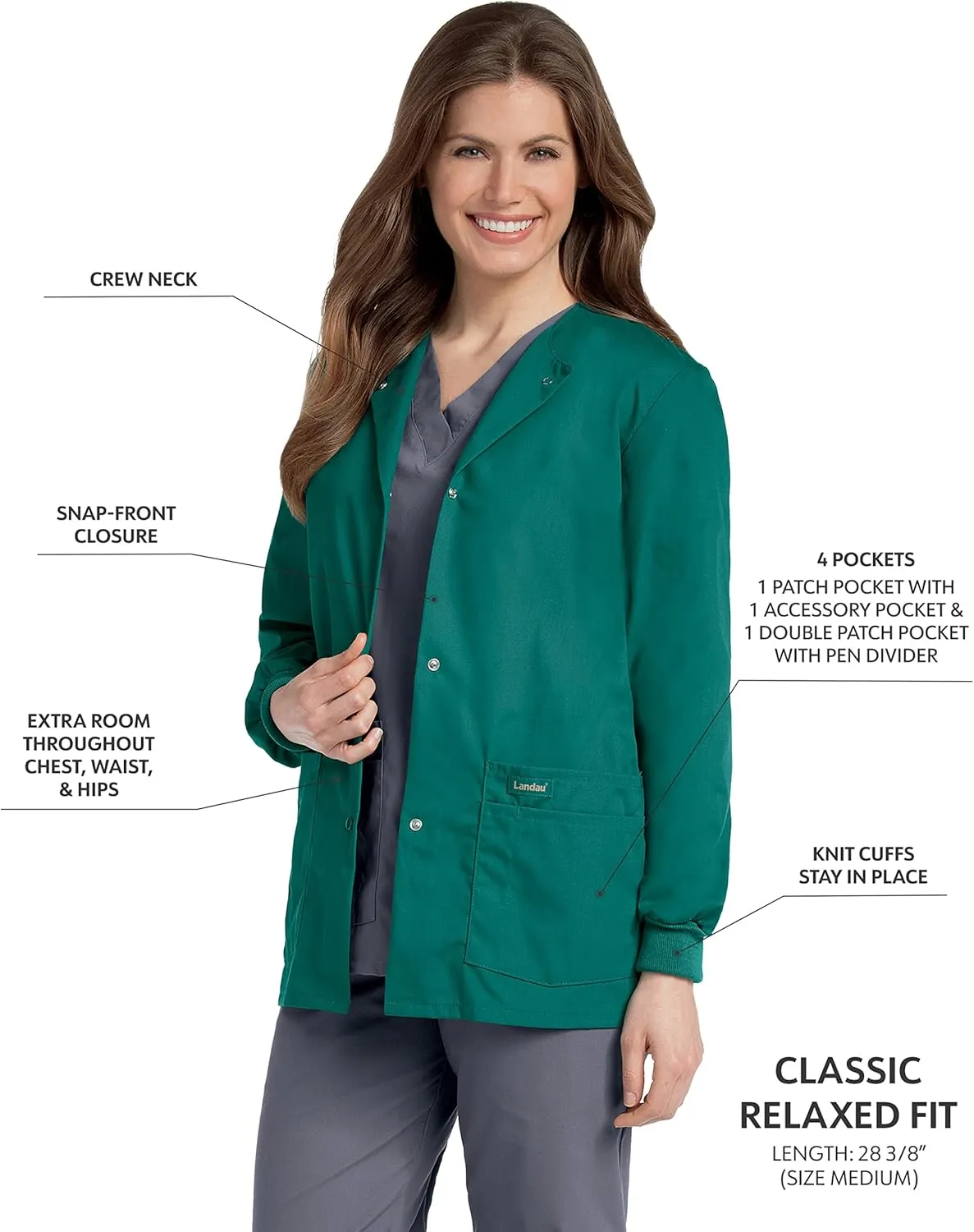 Landau Essentials Relaxed Fit 4-Pocket Snap-Front Scrub Jacket for Women 7525