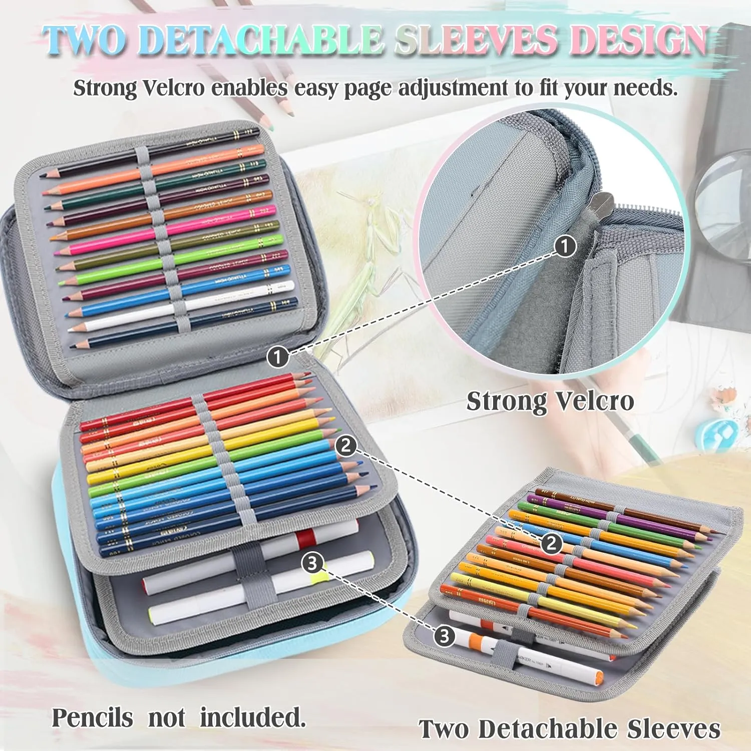 Large Pen Pencil Case,VONXURY High Capacity Art Colored Pencil Pouch Portable Stationery Organizer With 2 Detachable Layers 54 Slots Multiple Zipper Pockets for School Office College