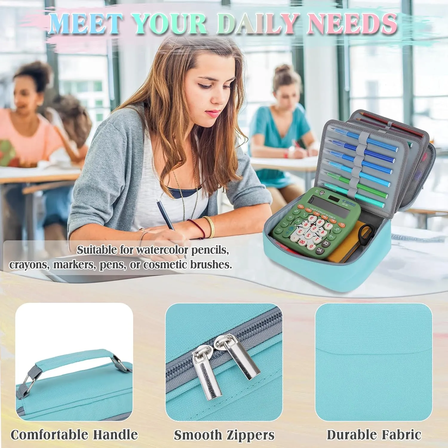 Large Pen Pencil Case,VONXURY High Capacity Art Colored Pencil Pouch Portable Stationery Organizer With 2 Detachable Layers 54 Slots Multiple Zipper Pockets for School Office College