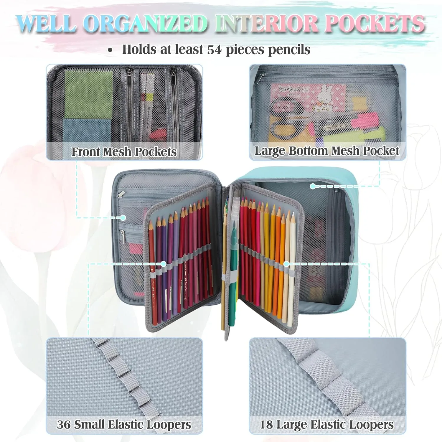 Large Pen Pencil Case,VONXURY High Capacity Art Colored Pencil Pouch Portable Stationery Organizer With 2 Detachable Layers 54 Slots Multiple Zipper Pockets for School Office College