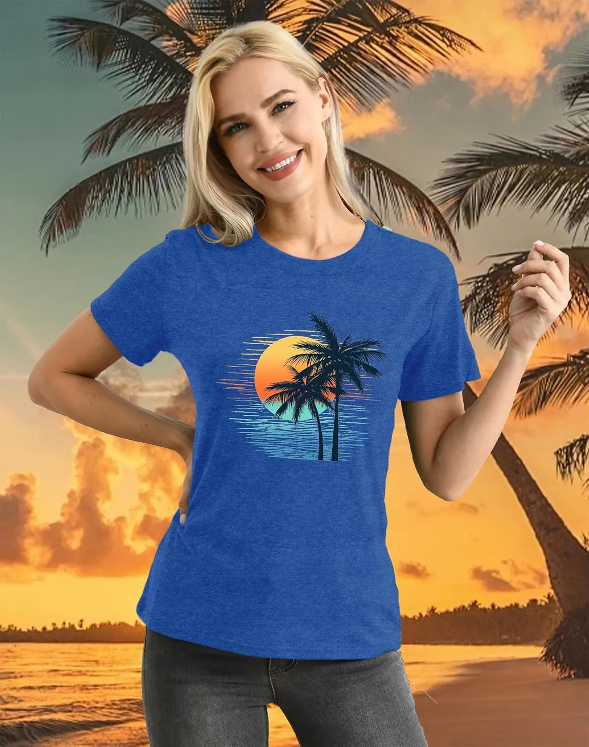LBP Sunshine Beach Shirt for Women Summer Vacation Palm Trees T-Shirt Hawaii Beach Tee Tops