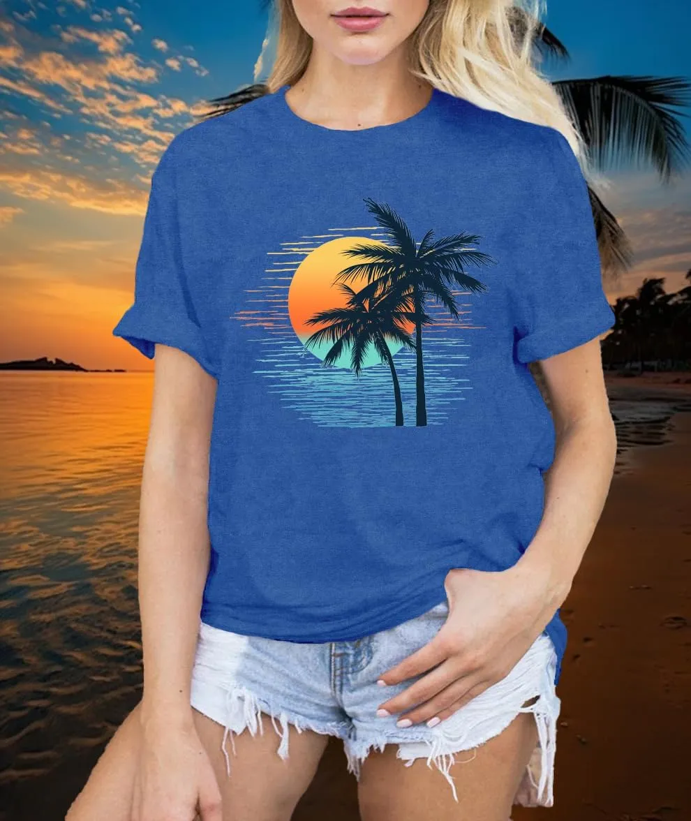 LBP Sunshine Beach Shirt for Women Summer Vacation Palm Trees T-Shirt Hawaii Beach Tee Tops