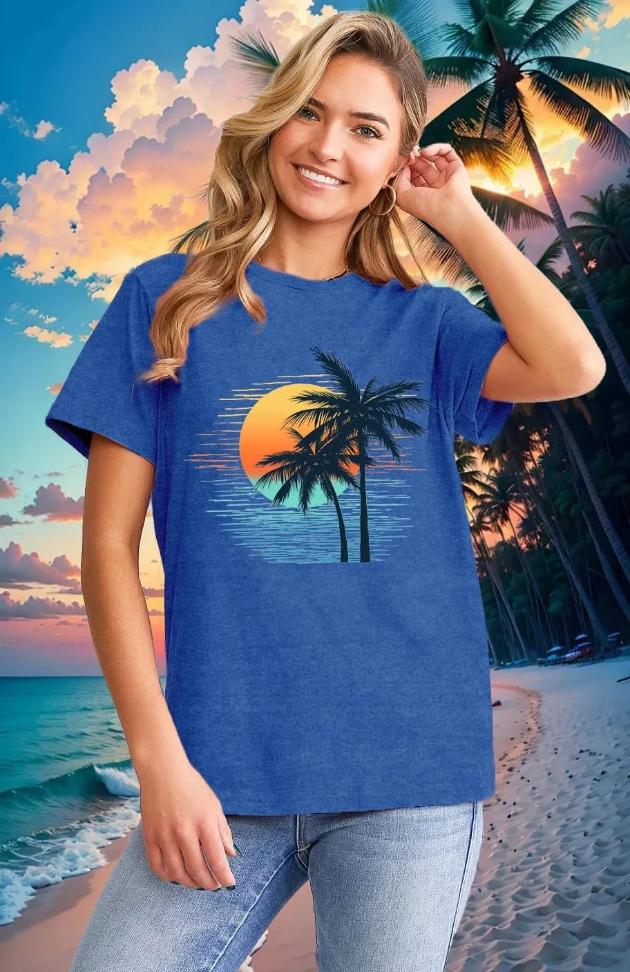 LBP Sunshine Beach Shirt for Women Summer Vacation Palm Trees T-Shirt Hawaii Beach Tee Tops