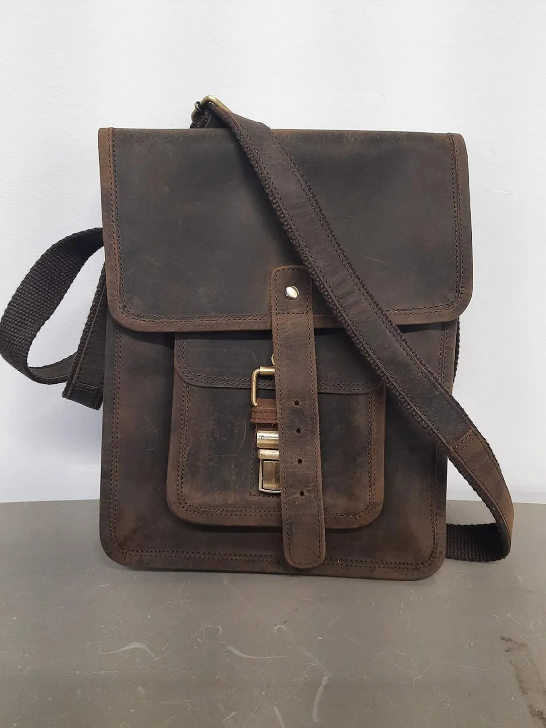 Leather crossbody bag messenger satchel tablet bag 11 inch for men and women (Distressed Tan Pocket)