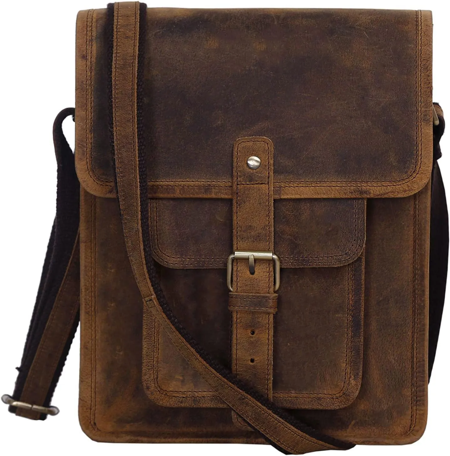 Leather crossbody bag messenger satchel tablet bag 11 inch for men and women (Distressed Tan Pocket)
