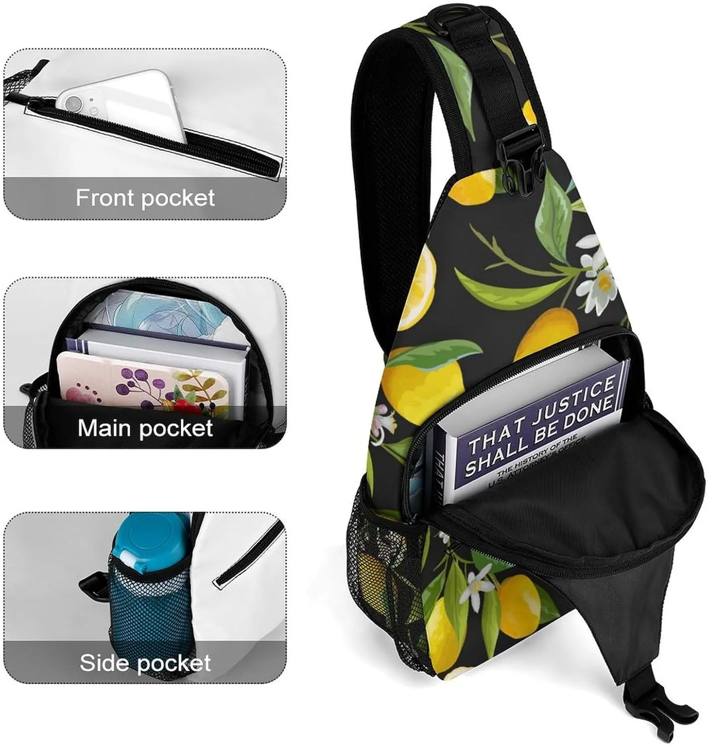 Leaves Lemons Flowers Sling Bag Mens Woman Crossbody Backpack Chest Daypack Casual Backpack Shoulder Bag Cycling Daypack Leisure Backpacks