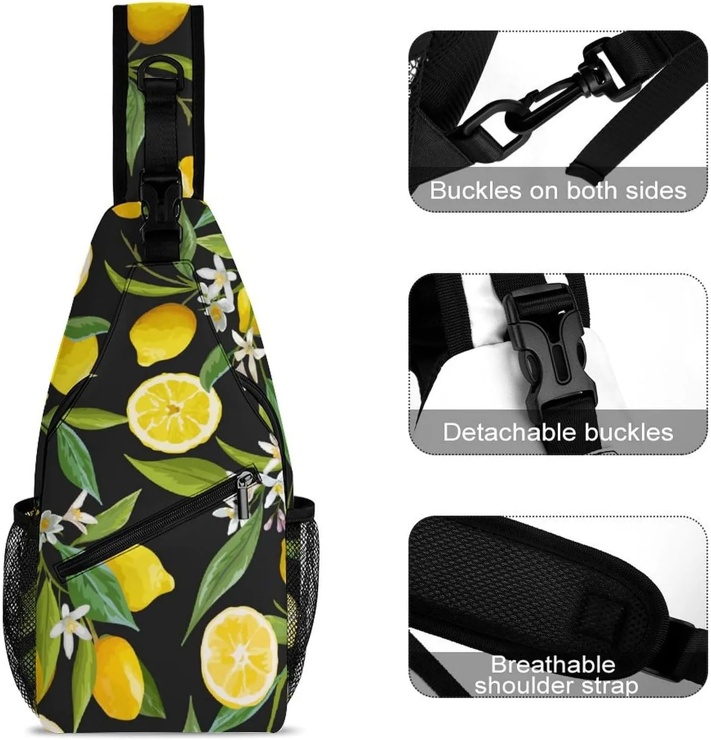 Leaves Lemons Flowers Sling Bag Mens Woman Crossbody Backpack Chest Daypack Casual Backpack Shoulder Bag Cycling Daypack Leisure Backpacks