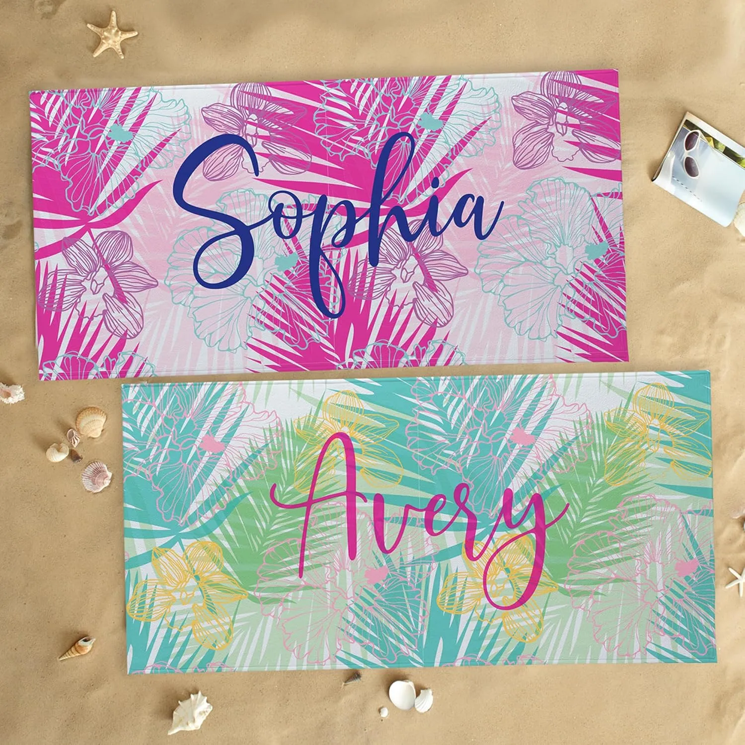 Let's Make Memories Personalized Beach Towel - Custom Pool Towel for Her - Cotton/Poly Blend - Oversized - Teal Tropical Palms