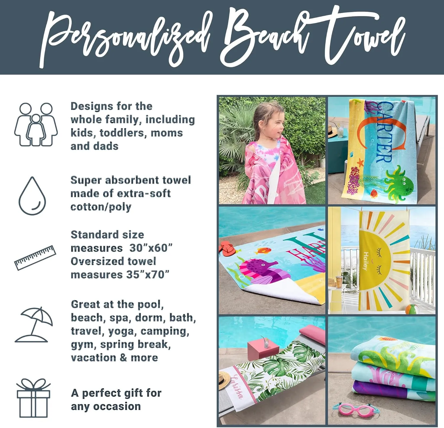 Let's Make Memories Personalized Beach Towel - Custom Pool Towel for Her - Cotton/Poly Blend - Oversized - Teal Tropical Palms